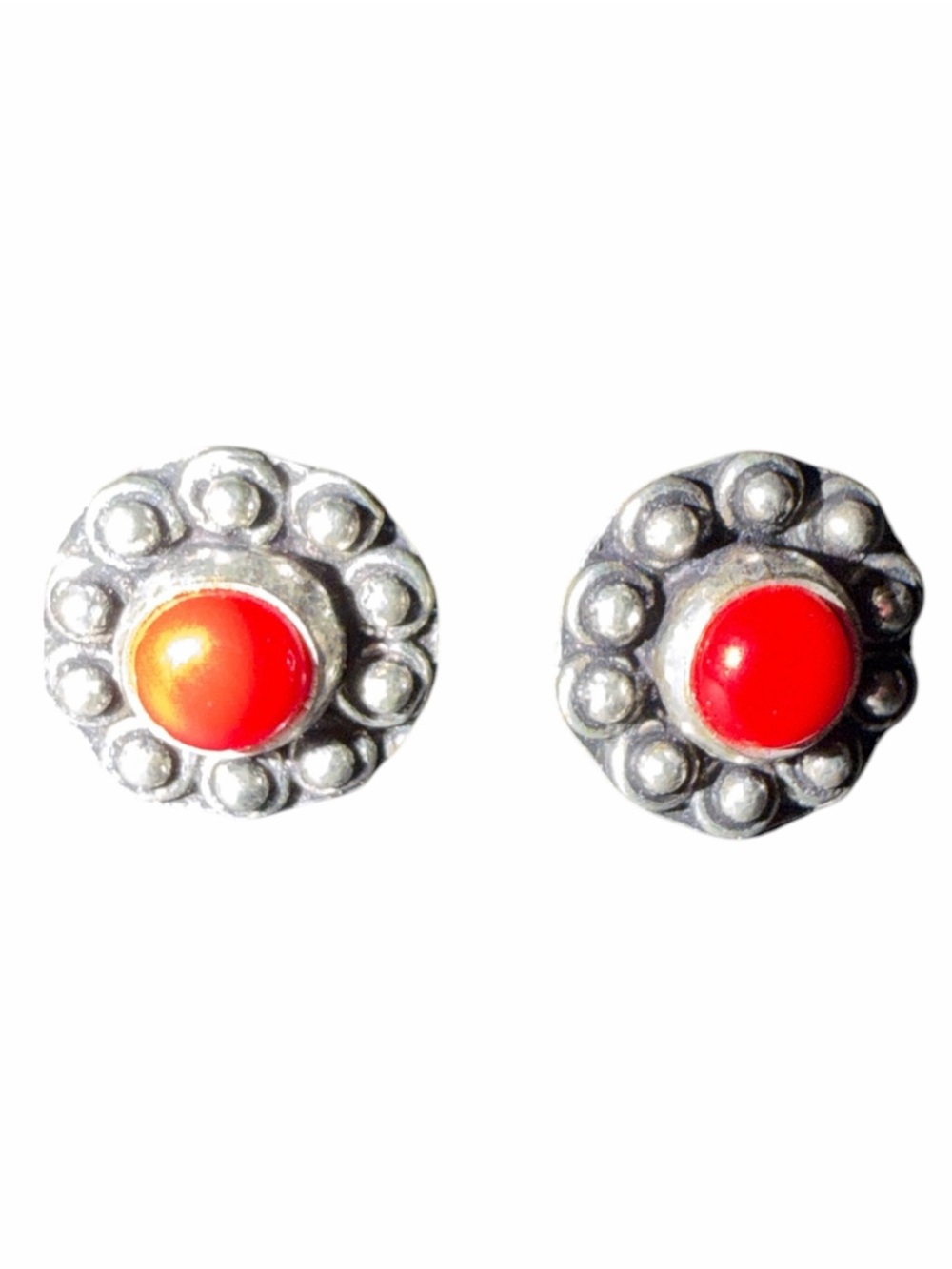 Handmade Red Stone Silver-Tone Floral Stud Earrings
